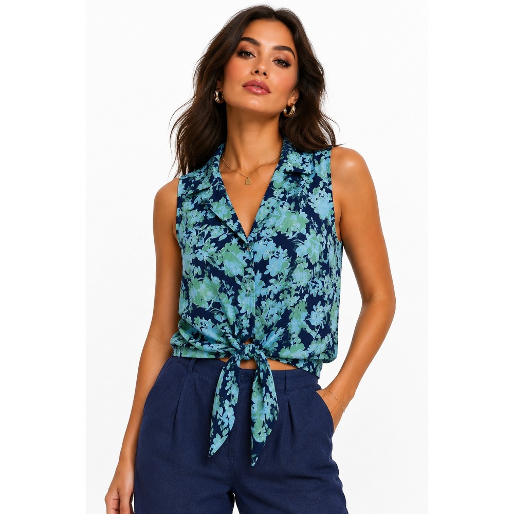 CeCe Miriah Tie Front Blouse Navy Floral Linen Blend Sleeveless Size M NWT